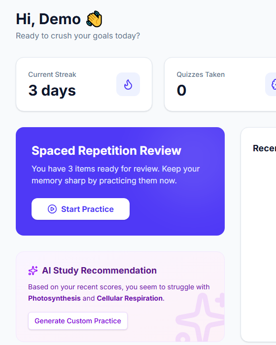Student dashboard with streak and review queue